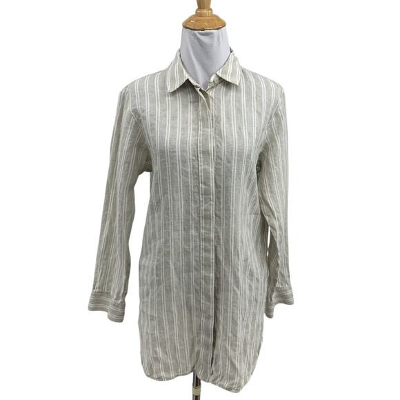 Lafayette 148 New York Shirt Womens Small Button Up Striped Linen Shirttail Hem - Picture 1 of 10